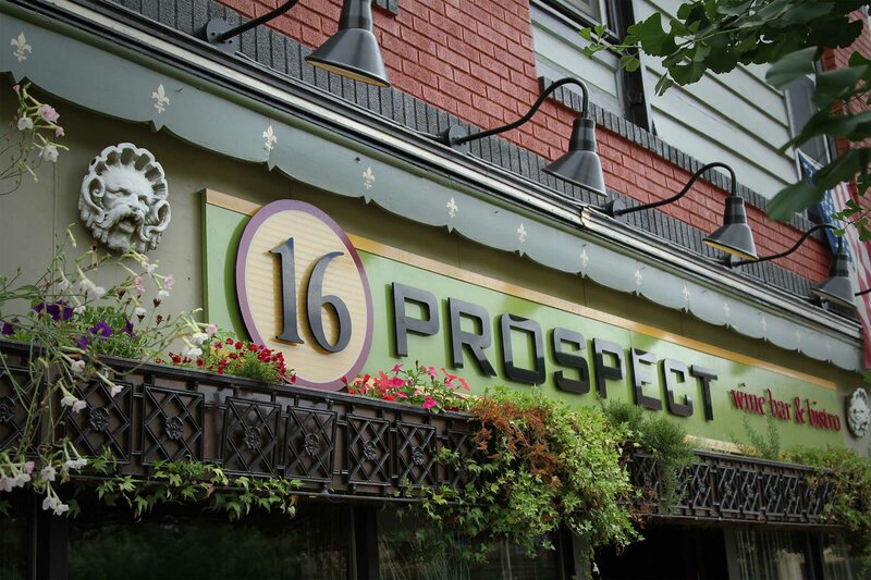 Outside view of restaurant with 16 Prospect sign